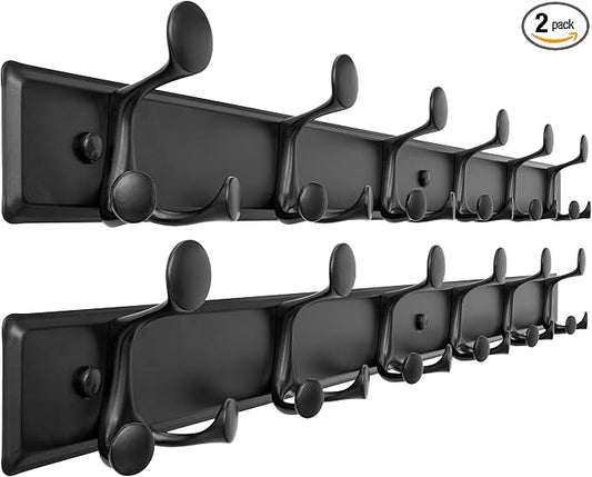 SKOLOO 18 Hooks Wall Mounted Coat Rack, 36 Inch Modern Coat Hanger for Entryway, Bathroom, Garage, Lightweight with 16 Inch Stud Spacing Design, Matte Black(Pack of 2)