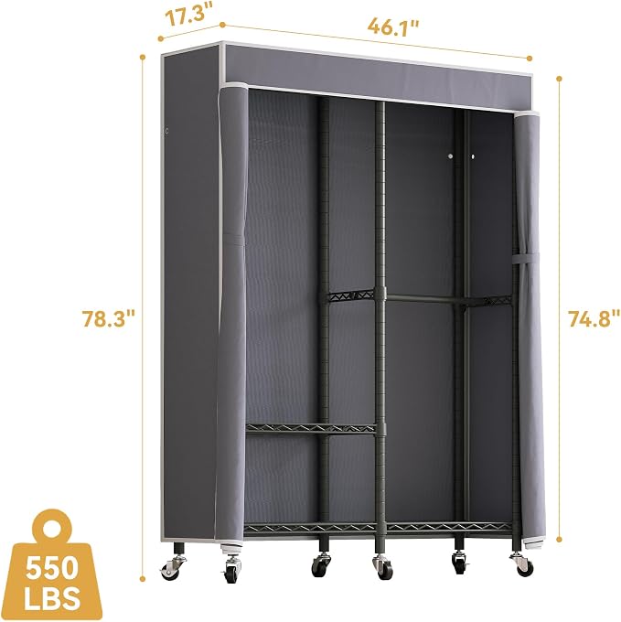Higeego H9 Heavy Duty Rolling Clothes Rack with Cover, Covered Garment Rack with Wheels and Shelves, Wardrobe Closet, Portable Closet for Hanging Clothes, Black Clothing Rack with Grey Cover
