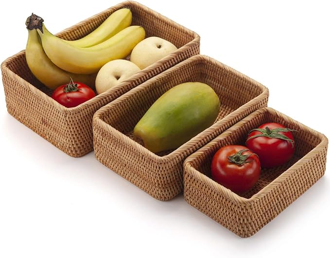 Rattan Storage Baskets, Wicker Baskets for Organizing, Hand Woven Fruit Basket, Decorative Baskets for Kitchen Counter, Living Room, Bathroom, Set of 3