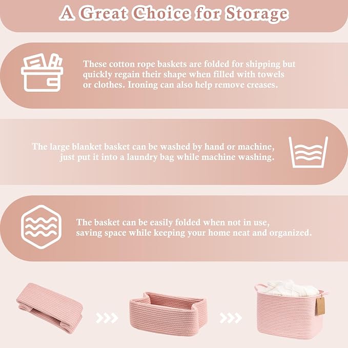 Goodpick Small Woven Storage Basket for Shelves, Cotton Rope, Pink | 13 x 10 x 9 in, Nursery, Bedroom & Bathroom Organization, Toys, Towels, Books & Baby Essentials Storage