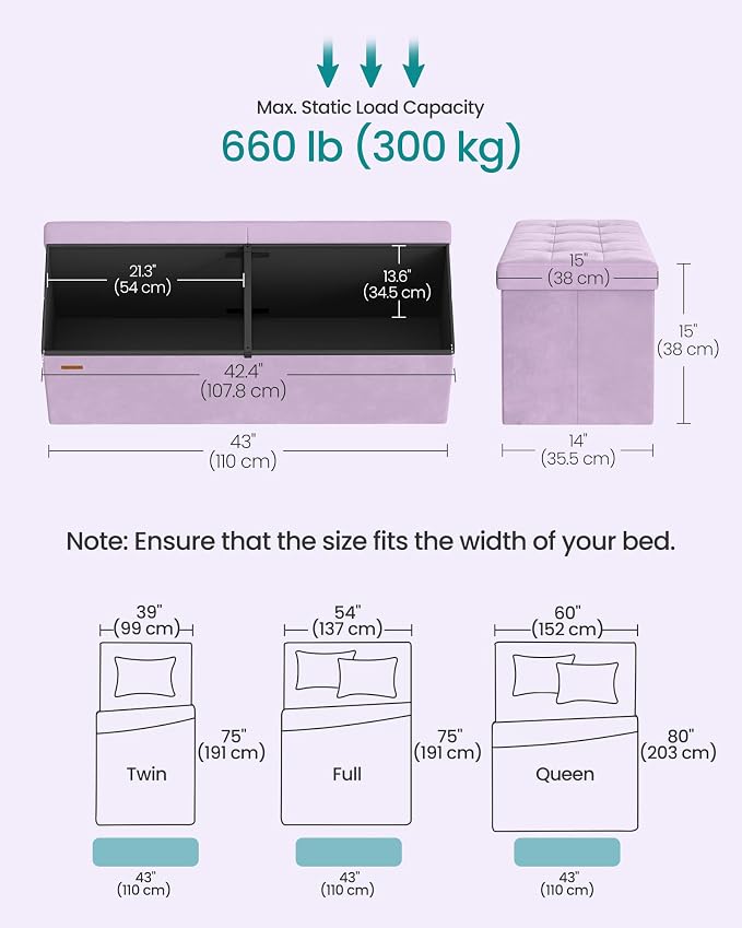 SONGMICS Velvet Storage Ottoman, Folding Storage Bench for Bedroom, Toy Chest, Ottoman Coffee Table, 15 x 43.3 x 15 Inch, Hibiscus Purple, Entryway Shoe Bench, MINOTA Collection ULSF078PE01