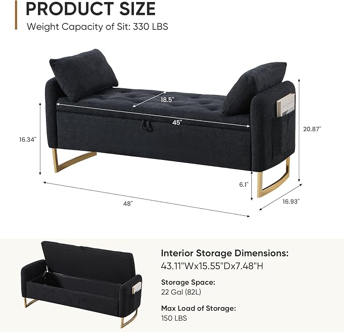 48" End of Bed Bench, Modern Storage Benches with Button-Tufted, Chenille Upholstered Storage Ottoman Bench for Foot of Bed with Arms, Gold Legs Window and Entryway, Black