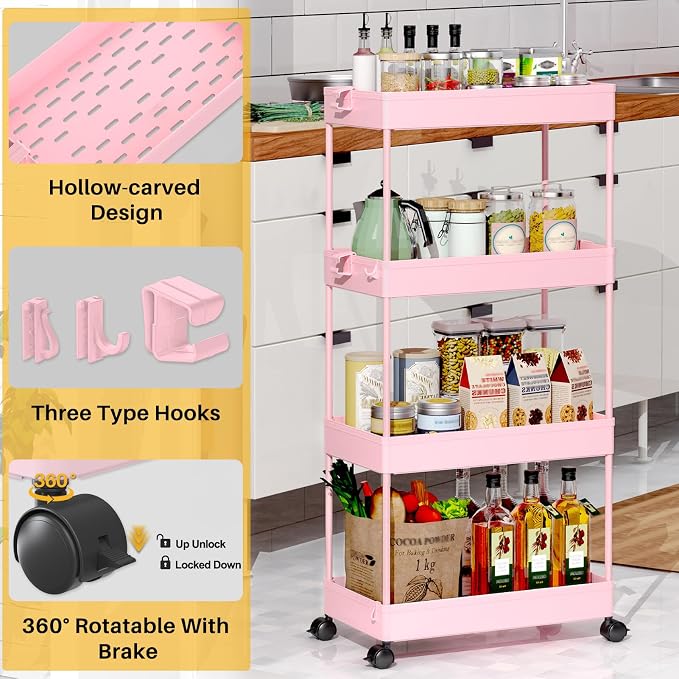 SPACEKEEPER 4 Tier Rolling Cart, Bathroom Cart Organizer with Wheels, Pink | Mobile Storage Cart for Laundry Room Organization,Kitchen,Office,Bathroom, Utility Cart for Snack,Craft,Art,Makeup,Nail,Toys