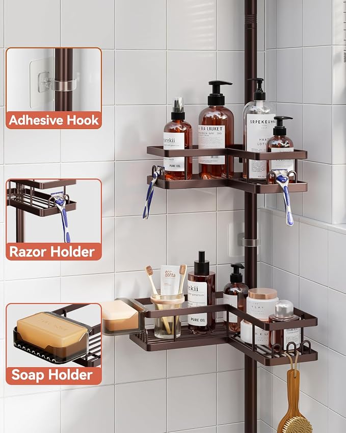 YASONIC Corner Shower Caddy Tension Pole, 25.7-109.1in Adjustable Shower Shelves, Rust-Resistant Shower Organizer, No-Drill 3-Step Installation, Bathroom Shelves for Renters & Family, Bronze