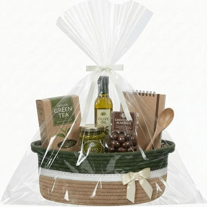 Colingmill 1 Set Woven Empty Basket for Gift,Green Khaki | with Cellophane Wrap Set, 14 x 10 x 5.5 Inch, Medium Decorative Gift Basket, Cotton Rope Storage Box, Home Decor