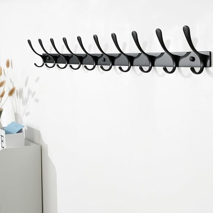 SKOLOO Coat Rack Wall Mounted - 10 Hooks, Heavy Duty, Stainless Steel, Metal Wall Hangers, Sturdy Coat Hooks for Hanging Coats, Jacket, Clothes, Hat, Black