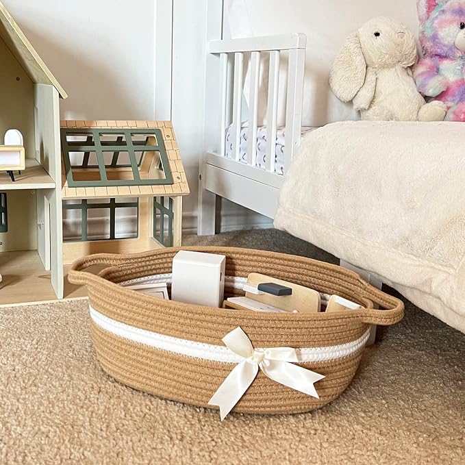 CHICVITA Small Woven Rope Gift Basket, Nursery Storage Basket, Camel | 13" x 10" x 5", Towels, Snacks, Toys & Diapers Storage, Bathroom, Nursery & Shelf Organization, Built-In Handles