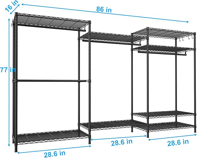 E13 Max Heavy Duty Clothes Rack（With 4 Hanger Rods & 8 Shelves） Freestanding Clothing Racks for Hanging Clothes，Adjustable Closet，Metal Garment Rack 86" W x16 D x77 H，Max Load 1100LBS，Black