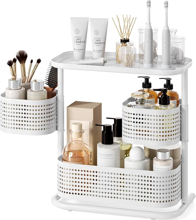 KINGRACK Metal Bathroom Counter Organizer，Rotating Countertop Storage Shelf | 3 Tier, Vanity Tray for Makeup & Skincare, Space-Saving Shelf for Bathroom, Kitchen, Baby Bottle Station, White