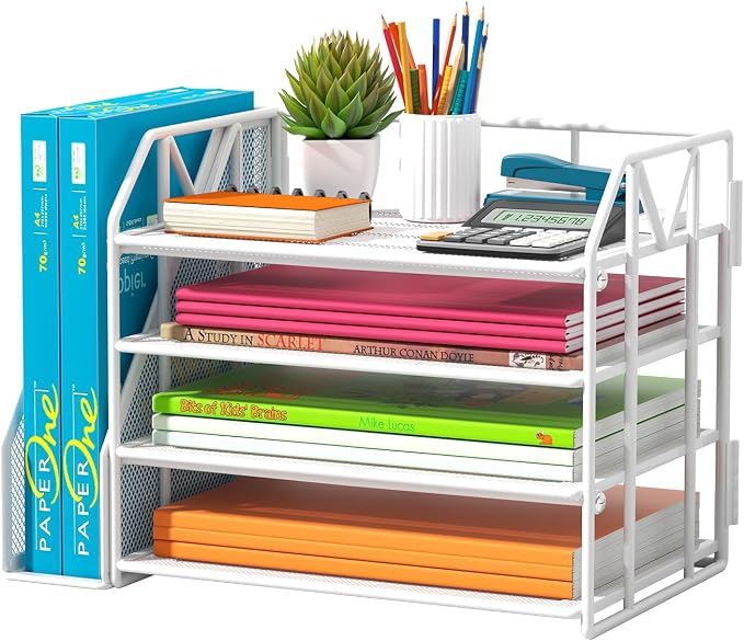 4-Tier Paper File Organizer with Bookend, Metal Desk Organizer, Tiered Paper Tray for Letter/A4 Files, Desktop Office Supplies Storage Rack for Home Office, Classroom, School & Work, White