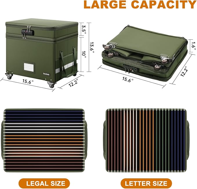 DocSafe File Box with Lock,2-Layer Fireproof Document Box with Wheels,Collapsible Rolling File Storage Organizer with Pockets,Large Portable Home Office Filing Cabinet Safe for Hanging Folders,Green