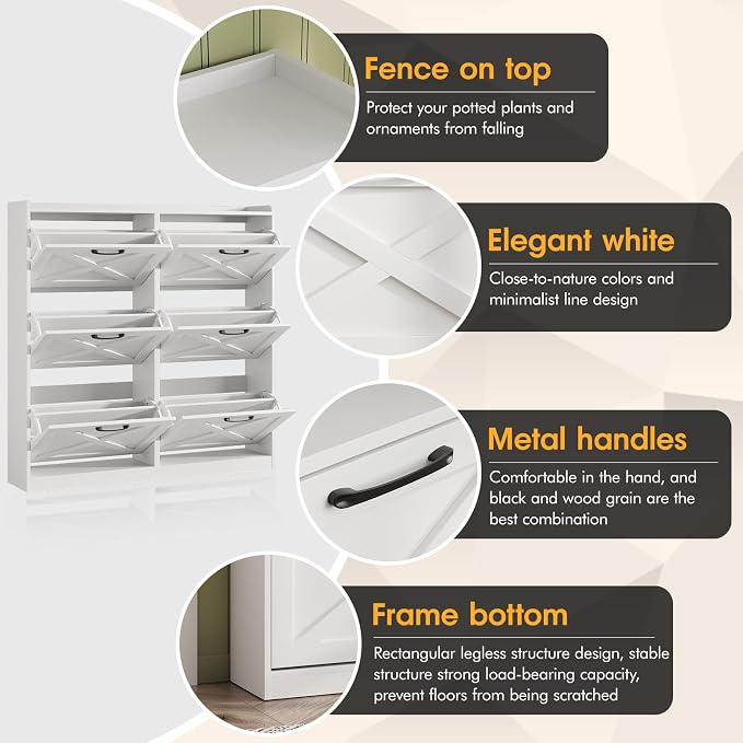 Maupvit Large Shoe Storage Cabinet with 6 Flip Drawers, Freestanding Shoe Organizer with Metal Handles for Entryway, Narrow Shoe Rack Cabinet, White