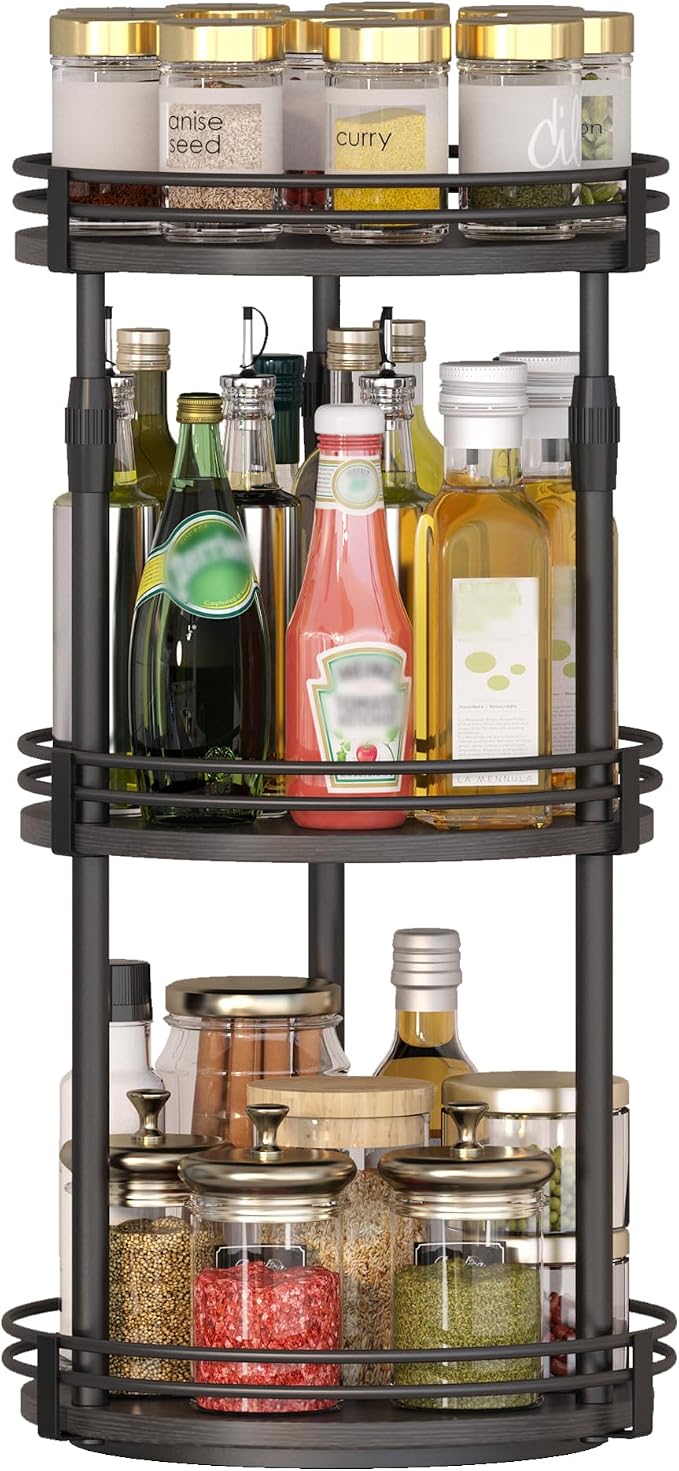Across-star Lazy-Susan-Organizer-Spice-Rack, 3-Tier Rotating Spice Organizer for Cabinet Pantry, Seasoning Holder Shelf with Adjustable Height, Kitchen Counter Shelf Countertop Organzier