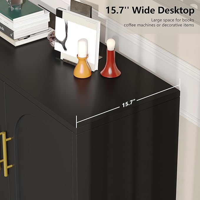 Keehusux 15.7" D Black Storage Cabinet with 2 Doors & Adjustable Shelf | Accent Buffet Sideboard Solid Wood Legs, Coffee Bar, Modern Floor Storage Cabinet for Kitchen, Living Room