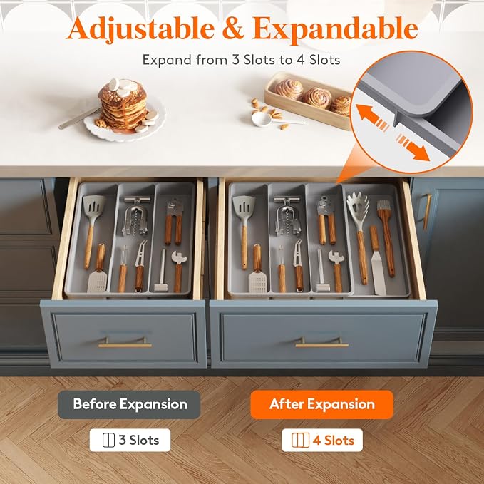Lifewit Utensil Organizer for Kitchen Drawer, Expandable Cooking Silverware Tray, Adjustable Cutlery Flatware Holder, Plastic Spatula Tools Storage Divider, 17.3 x 15.8", Gray