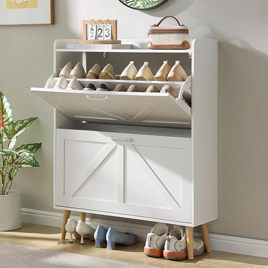 LEYAOYAO Shoe Cabinet Storage for Entryway with 2 Flip Drawers Rack Narrow Organizer Slim Hidden Wood Shoe Cabinet Furniture White