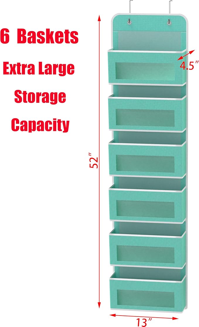 Simple Houseware 6 Clear Pocket Over Door Hanging Organizer, Turquoise | Over the Door Storage for Closet, Bedroom, Bathroom, Pantry