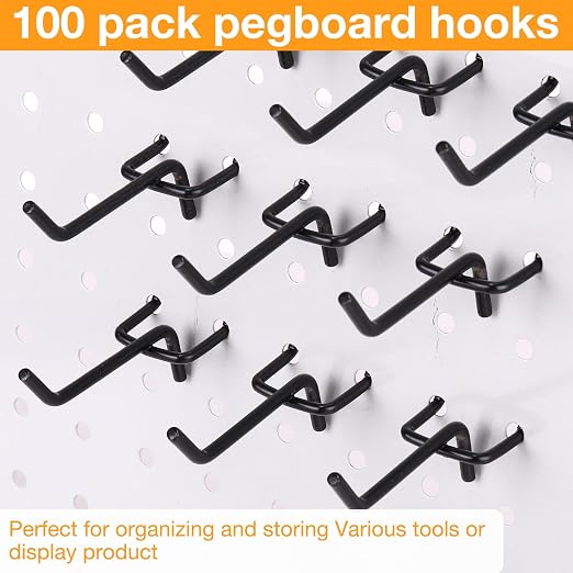 100 Pcs Peg Board Shelving Hooks Stainless Steel Hanging Board Pegs Wall Display Hooks Bulk for 1/8 1/4 Garage Storage Organizer Accessories (2.8 Inch,Black)