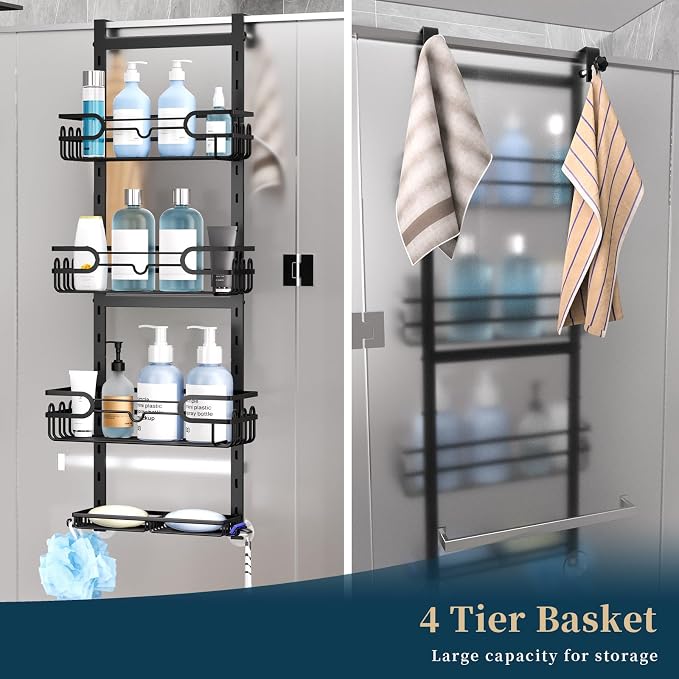 Consumest Over The Door Shower Caddy - 4 Tier Adjustable Hanging Shower Organizer Shelf with 2 Soap Holders & 22 Hooks, Rustproof Easy Installation Hanging Storage Rack for Bathroom, Black