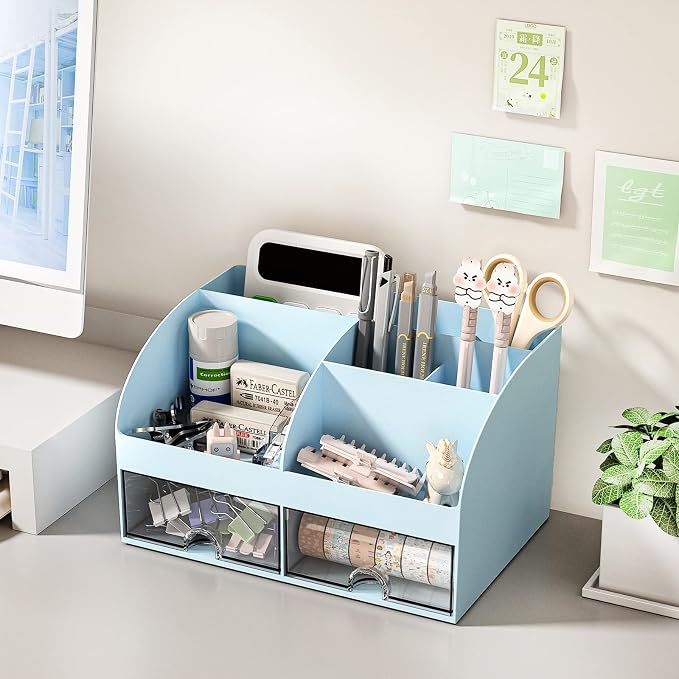 COMFYROOM Desk Organizer with 6 Compartments and 2 Drawers, Plastic Makeup Organizer, Pen Holder for Desktop Storage, Desk Organization for School, Home, Office Supplies (Blue)