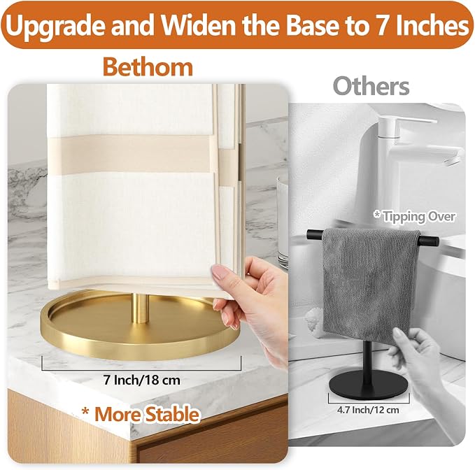 Bethom Bathroom Hand Towel Holder Stand Gold, S-Shape Kitchen Towel Rack | Stainless Steel Countertop Towel Standing Bar, Holds 2 Hand Towels