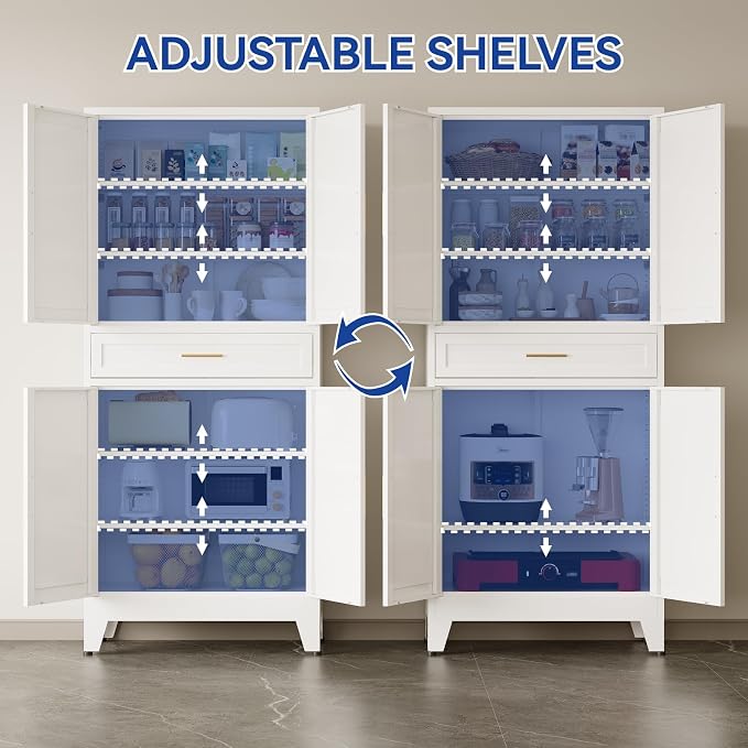 COFaR 71 in Tall Kitchen Pantry Cabinet with Drawer, Metal Pantry Storage Cabinet with 4 Adjustable Shelves and 4 Barn Doors, White Freestanding Farmhouse Food Cupboard for Dining Room