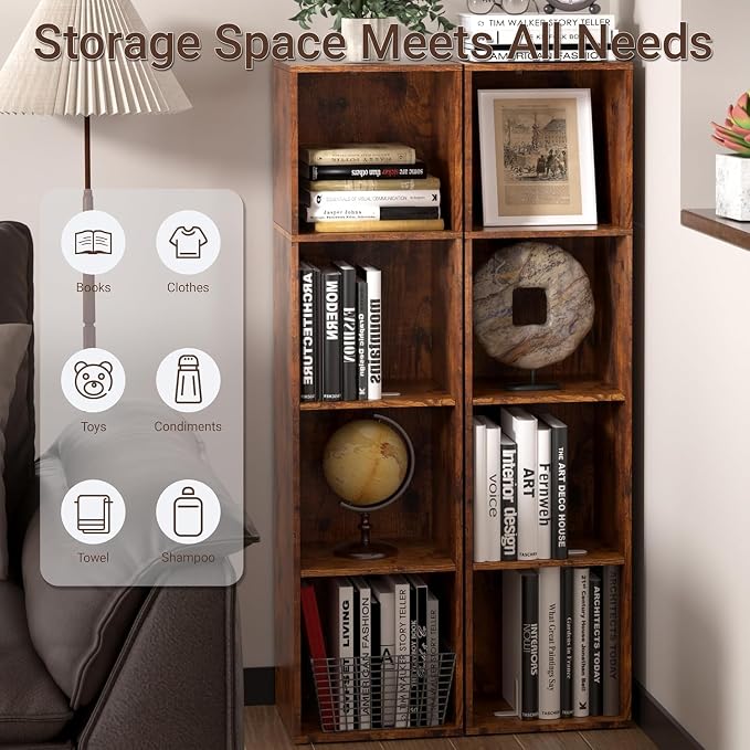 Cube Storage Organizer, 4 Cube Retro Bookshelf, Freestanding 4 Tier Open Shelf, Rustic Brown Retro Shelves for Home Office, Bedroom, Living Room, Study