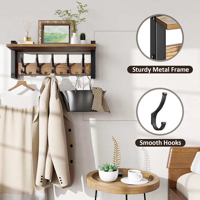 Optish Coat Rack Wall Mount with Shelf, 17.1 Inch Coat Hanger, Entryway Wall Key Holder, Hat Rack for Walls, Shelf with 5 Coat Hooks, Purse Hanger for Wall (Brown)