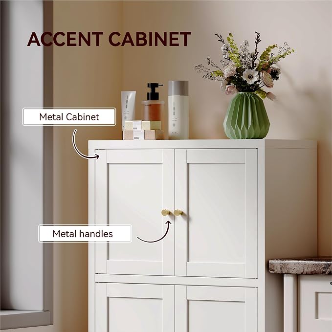 43" H Small Storage Cabinets,Metal White Pantry Cabinets with Doors,Food Pantry Cabinet with 4 Doors and Shelves for Kitchen Dining Room