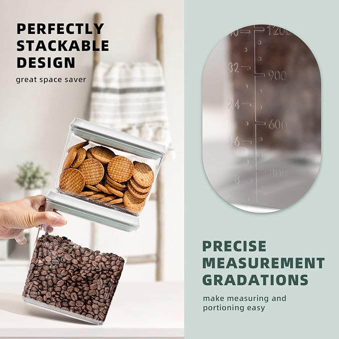 Pop Top Airtight Food Storage Containers, 3 Pack, 1.3Qt x2 + 2.9Qt | Clear Stackable Pantry Jars with One-Touch Lids, Measurement Marks and BPA-Free AS for Cereal, Sugar, Nuts and Dry Goods