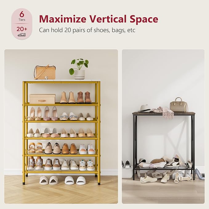 6 Tier Shoe Rack Organizer for 20-24 Pairs of Shoes, Metal Mesh Shoe Shelf for Closet, Industrial Shoe Rack for Entryway Shoe Storage with X Shape Fixed Frame, White & Gold | Sturdy & Durable, X Shape Fixed Frame, Metal Mesh Shoe Shelf, Industrial, For...