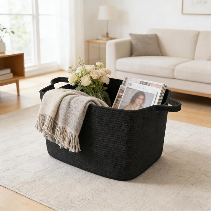 65L Collapsible Woven Rope Laundry Basket with Handles,Black | 21x16x12 Foldable Rectangular Blanket Basket for Toys, Clothes & Pillows,Ideal for Nursery, Bathroom, Bedroom, Living Room