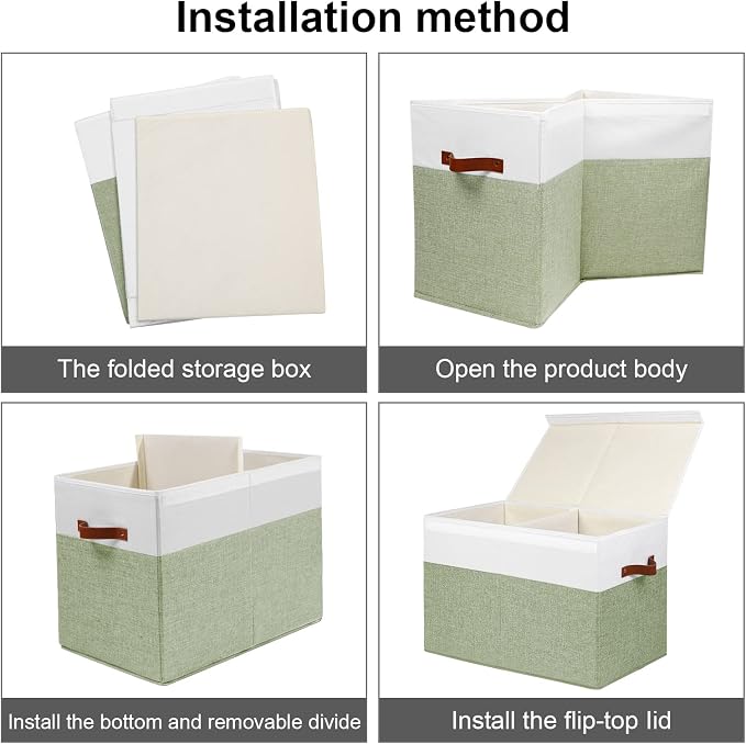 Large Toy Storage Box with Lid, Toy Chest Bin Boxes Basket with Dividers | Sturdy Toy Organizer Bin for Kids, Boys, Girls, Nursery, Living Room, Bedroom, Playroom 25"x13" x16" (Green and White)