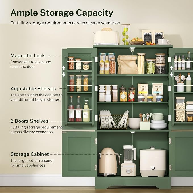 43" H Storage Cabinet with 4 Doors, Kitchen Cabinet with 6 Door Shelves, Kitchen Pantry Cabinets for Living Room, Dining Room, Bathroom, Forest Green