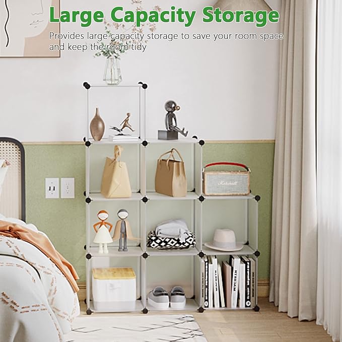 C&AHOME Cube Storage Organizer, 9-Cube Bookcase, Closet Cabinet White | DIY Stackable Bookshelf, Plastic Modular Shelving Units Ideal for Home, Office, Kids Room, 36.6" L x 12.4" W x 48.4" H