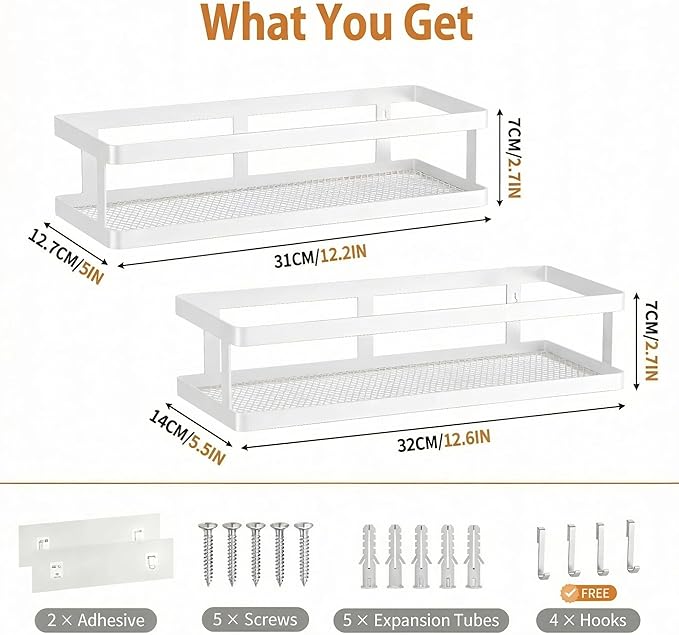 PUSDON 2-Pack Minimalist Shower Caddy Wall Mount, Open Frame Bathroom Shelf Organizer with Mesh Base, Rustproof Floating Spice Rack for Kitchen, Holds 50 LBS, 4 Hooks - White, Guardrail