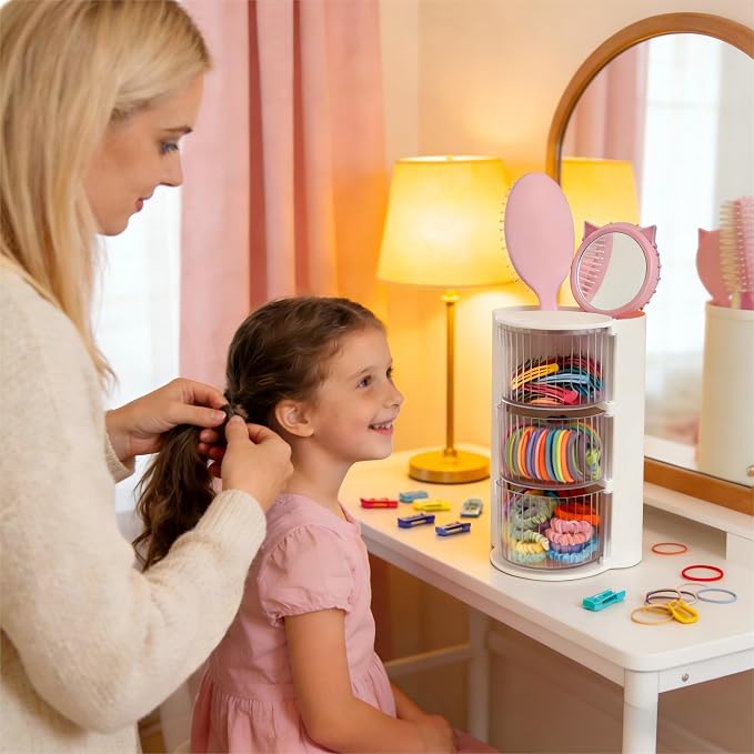 Hair Accessories Organizer with Hair Brush Holder(Stripe White, 3-Layer) | Rotatable Makeup Brush Holder for Necklaces, Earring, Bracelet, Ring, Makeup Brushes, Hair Clip and Hair Accessories