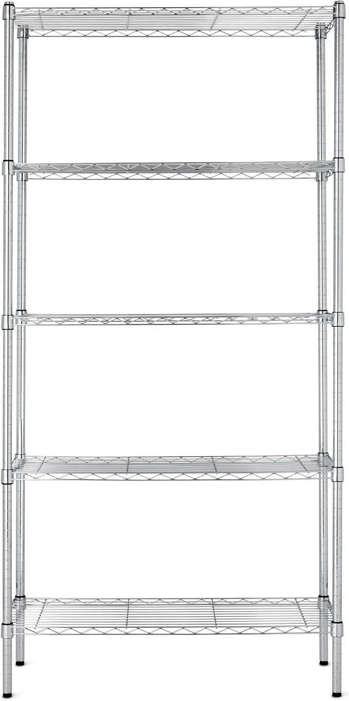 Amazon Basics 5-Shelf Adjustable Heavy Duty Steel Wire Rack, Space Saving Storage Shelving Organizer for Kitchen, Garage, No-Tool Assembly, 350 lbs Weight Capacity, 36" x 14" x 72", Chrome