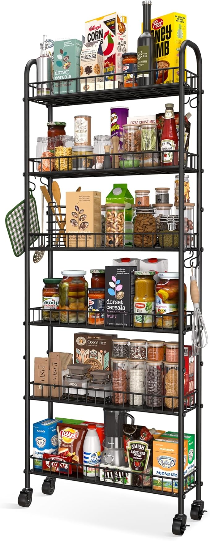 Slim Rolling Storage Cart with Wheels, Metal 6 Tier Spice Rack Mobile Shelving Unit Organizer Kitchen Utility Cart for Office Bathroom Kitchen Laundry Room Narrow Places (6inches)