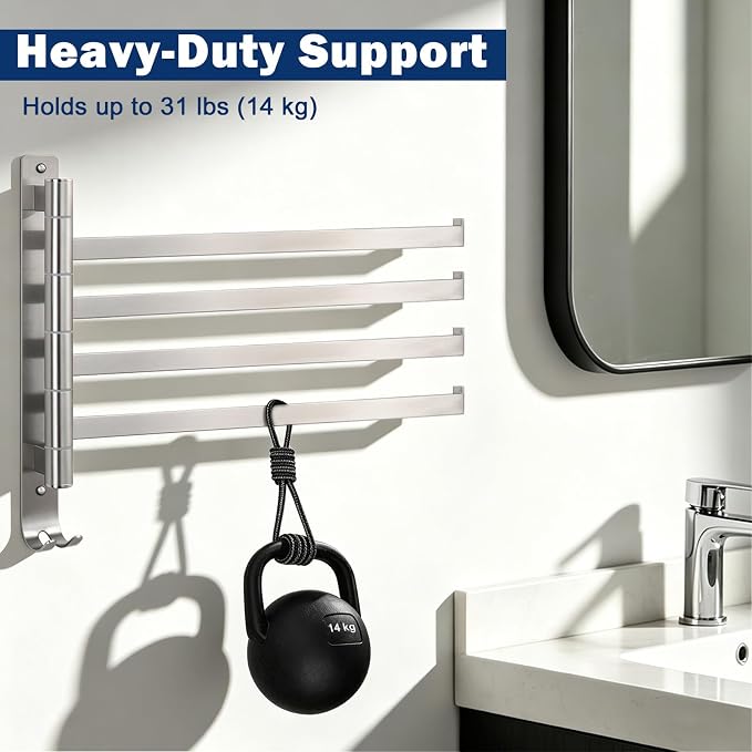 NearMoon Swivel Towel Rack, 13.8" Thicken 304 Stainless Steel 4-Arm Towel Bar, Space Saving Wall Mounted Towel Holder with Hook, Rustproof Swing Out Towel Hanger for Bathroom, Square (Brushed Nickel)