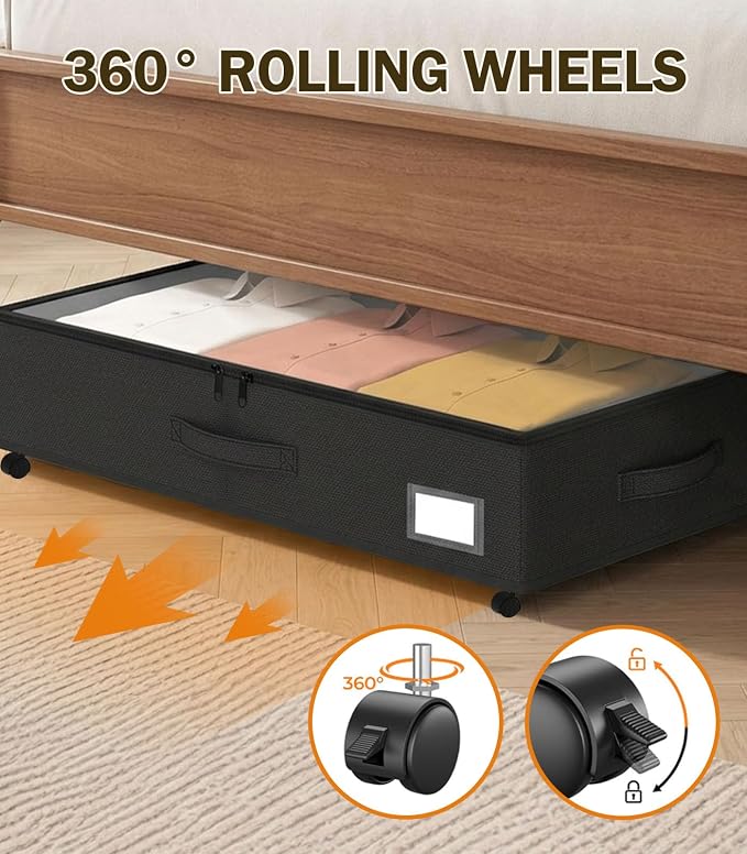 Under Bed Storage with Wheels 2-Pack, Under Bed Storage Containers, Underbed Box with Clear Lids, Rolling Underbed Storage bins for Shoes, Clothes, Blankets (25" L x 16.2" W x 5.5" H)