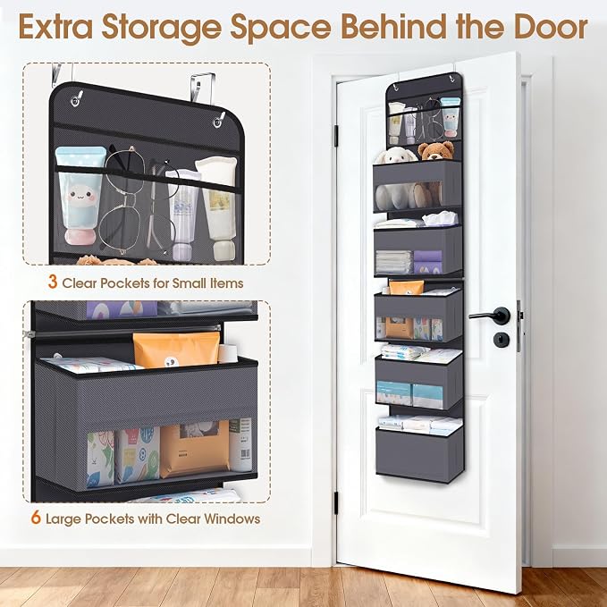 Over The Door Organizer Storage behind Door Hanging Organizer for Nursery | 6 Tier, Detachable, Clear Window, Sturdy Construction, Space-Saving Storage for Closet, Bedroom, Bathroom & Nursery