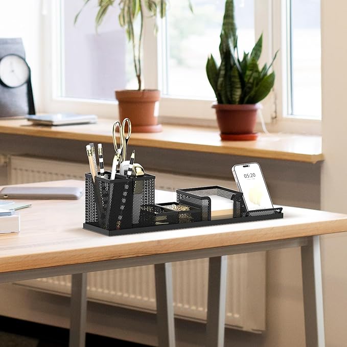 Pen Holder for Desk, 6-Piece Mesh Desk Organizer with Phone Holder, Black | 6-Piece Black Mesh Desk Set Includes Pen Cups, a Sticky Note Caddy and Phone Holder for Office, School, Home