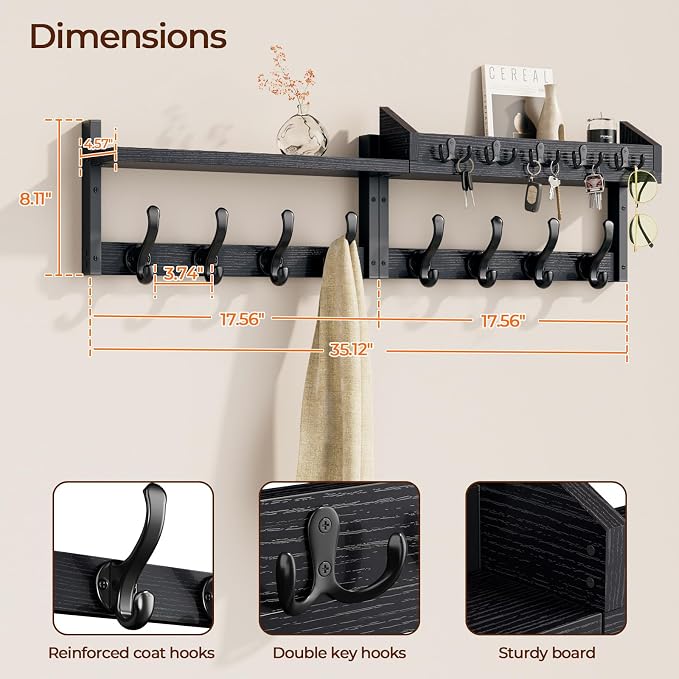 Evermagin 35" Coat Rack Wall Mount with Shelf for Entryway, Black | Wall Mounted Coat and Key Rack with Hooks, Key Holder with Mail Organizer for Wall, Living Room, Mudroom, Bedroom