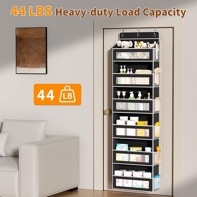 AQOOA 6-Tier Over The Door Organizer 44 lbs Capacity fit Standard Doors | Over the Door Storage 6 Large 12 Side Pockets Behind Door Storage, Closet Door Organizer Hanging Shelf, Black
