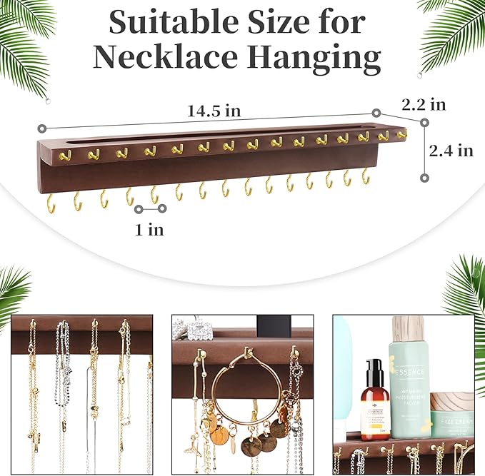 YYILIS Necklace Holder, Upgraded Extra Large Wall Necklace Organizer with 30 Hooks Wall Mounted Necklace Hanger with Jewelry Tray/Cosmetics Shelf Rustic Pine Wood Holder (Walnut) | 30 Hooks Wall Mounted Necklace Hanger with Jewelry Tray/Cosmetics Shelf...