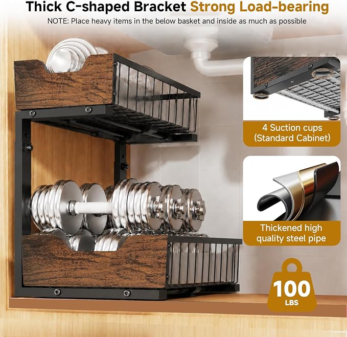 Pull Out Cabinet Organizer 2 Tier Metal Under Sink Organier | Shelf 5 Adjustable Height, Wood Handle, Anti Topple Over, Sturdy Slide out Storage Rack for Bathroom Kitchen Home Pantry