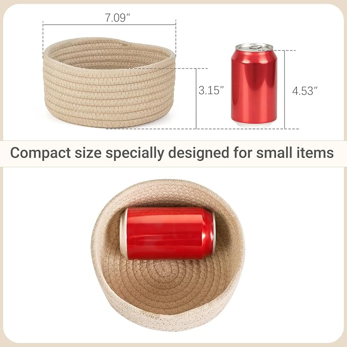 Dahey 4 Pcs Mini Woven Baskets Set, Small Cotton Rope Storage Bins for Organizing, Cute Tiny Round Decorative Baskets for Gifts, Living Room Bathroom Home Decor, 7.09" W x 3.15" H, Beige