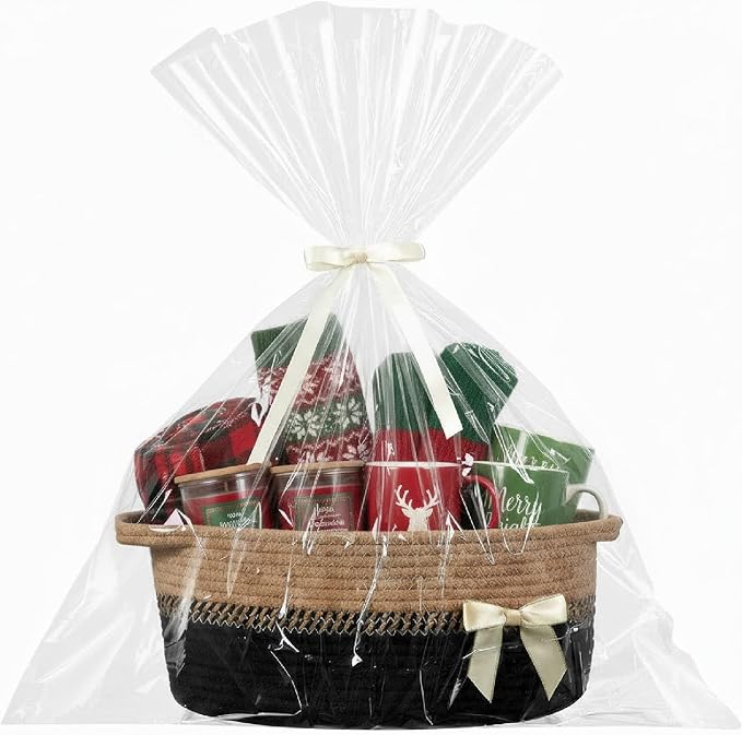Colingmill 1 Set Woven Empty Basket for Gift,Black Brown | with Cellophane Wrap Set, 14 x 10 x 5.5 Inch, Medium Decorative Gift Basket, Cotton Rope Storage Box, Home Decor