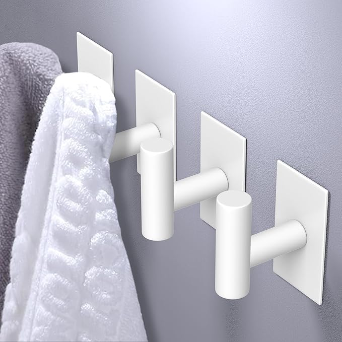 VAEHOLD Wall Towel Hooks, Heavy Duty Sticky Holder Waterproof Towel Hooks for Hanging Coat, Clothes, Closet Hook Wall Mount for Kitchen (White, 2 Pack)